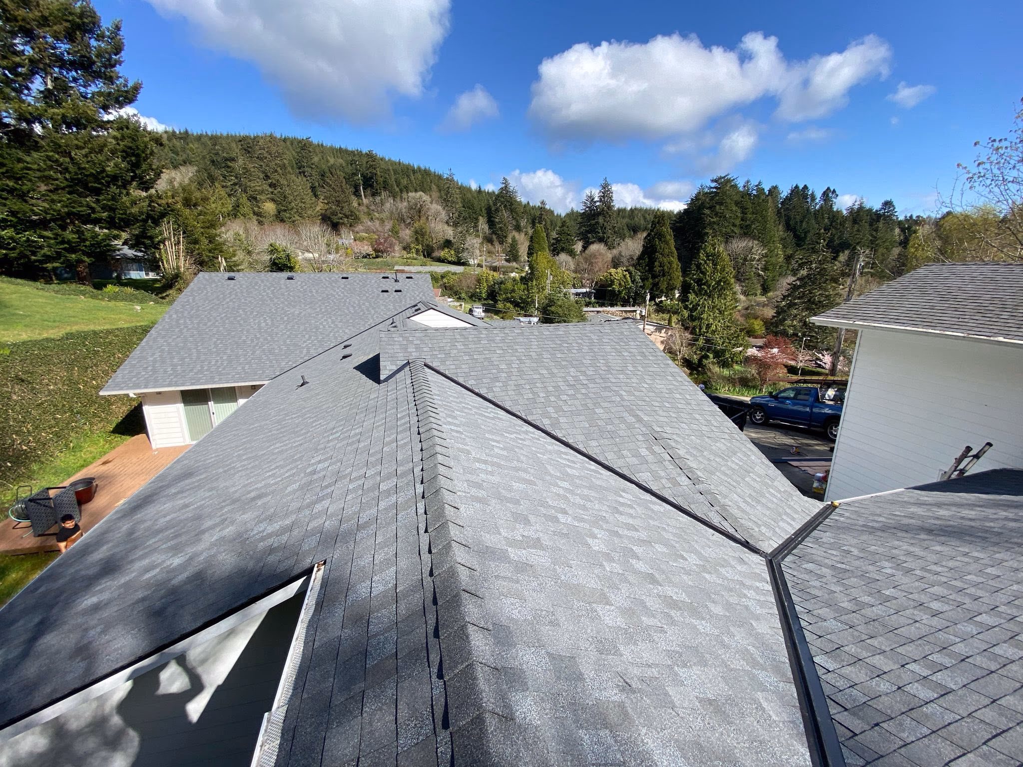 View from rooftop showing multiple gray shingled roofs and surrounding trees under a blue sky.