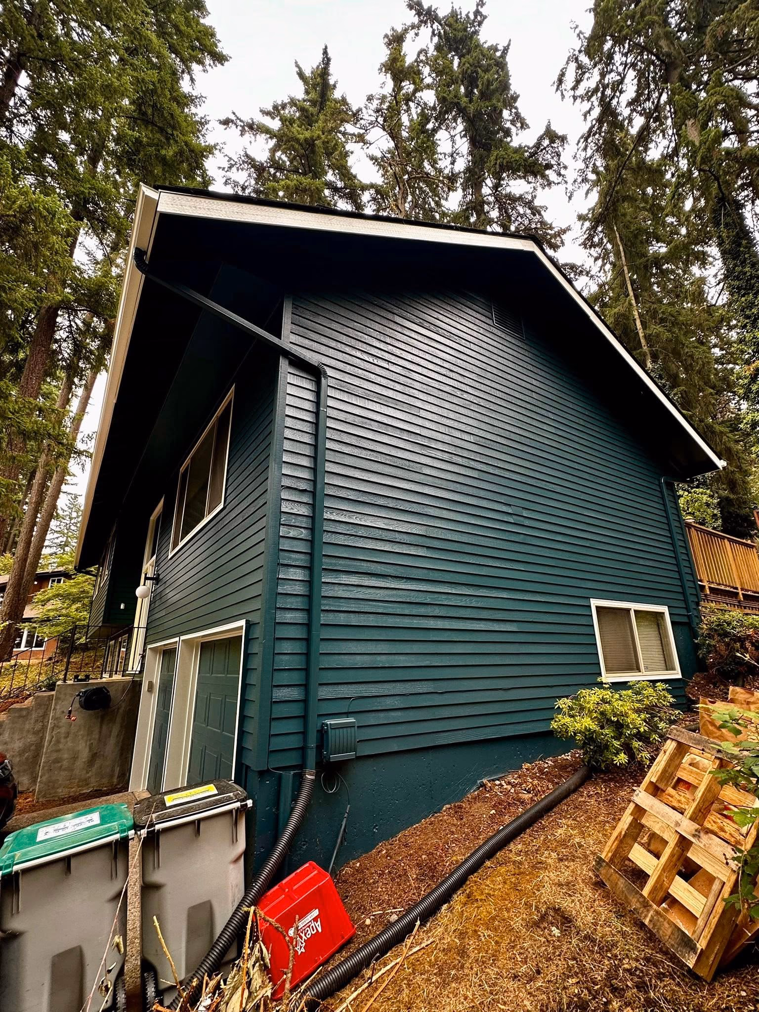 Green siding house on a slope with trash bins, a red container, and wooden pallet outside.