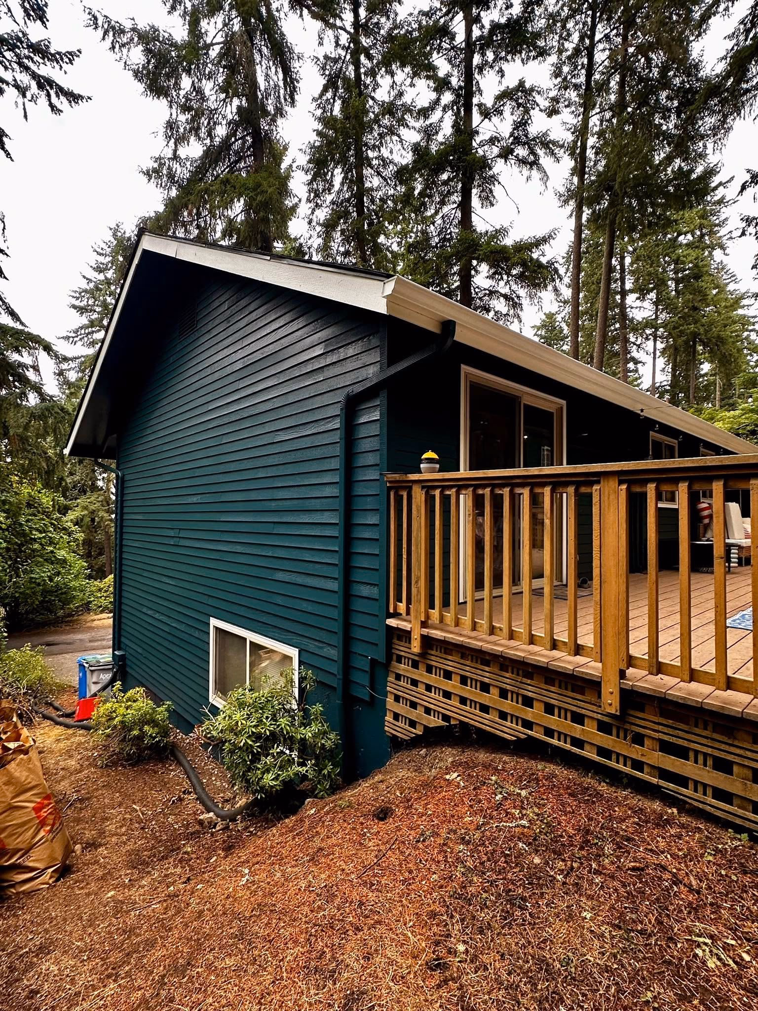Dark teal house with white trim, wooden deck, surrounded by tall pine trees and dry ground.