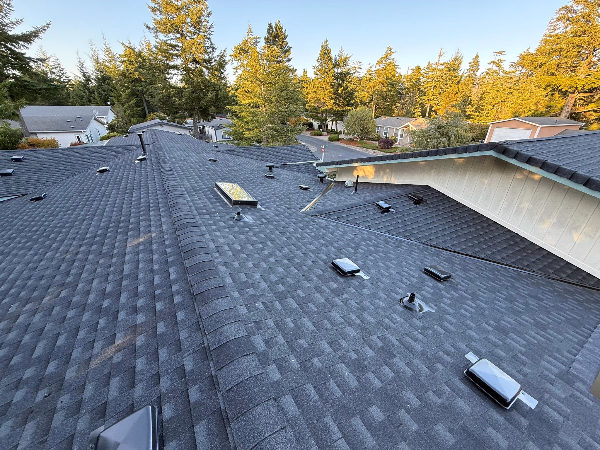 Dark gray shingled roof with multiple vents and a skylight on a house surrounded by trees.