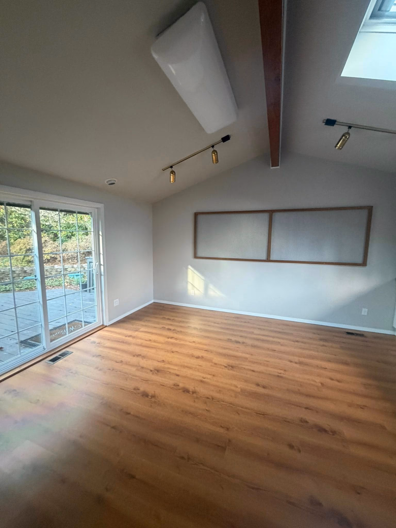 Empty room with wood flooring, gray walls, sliding glass door, skylight, and ceiling spotlights.