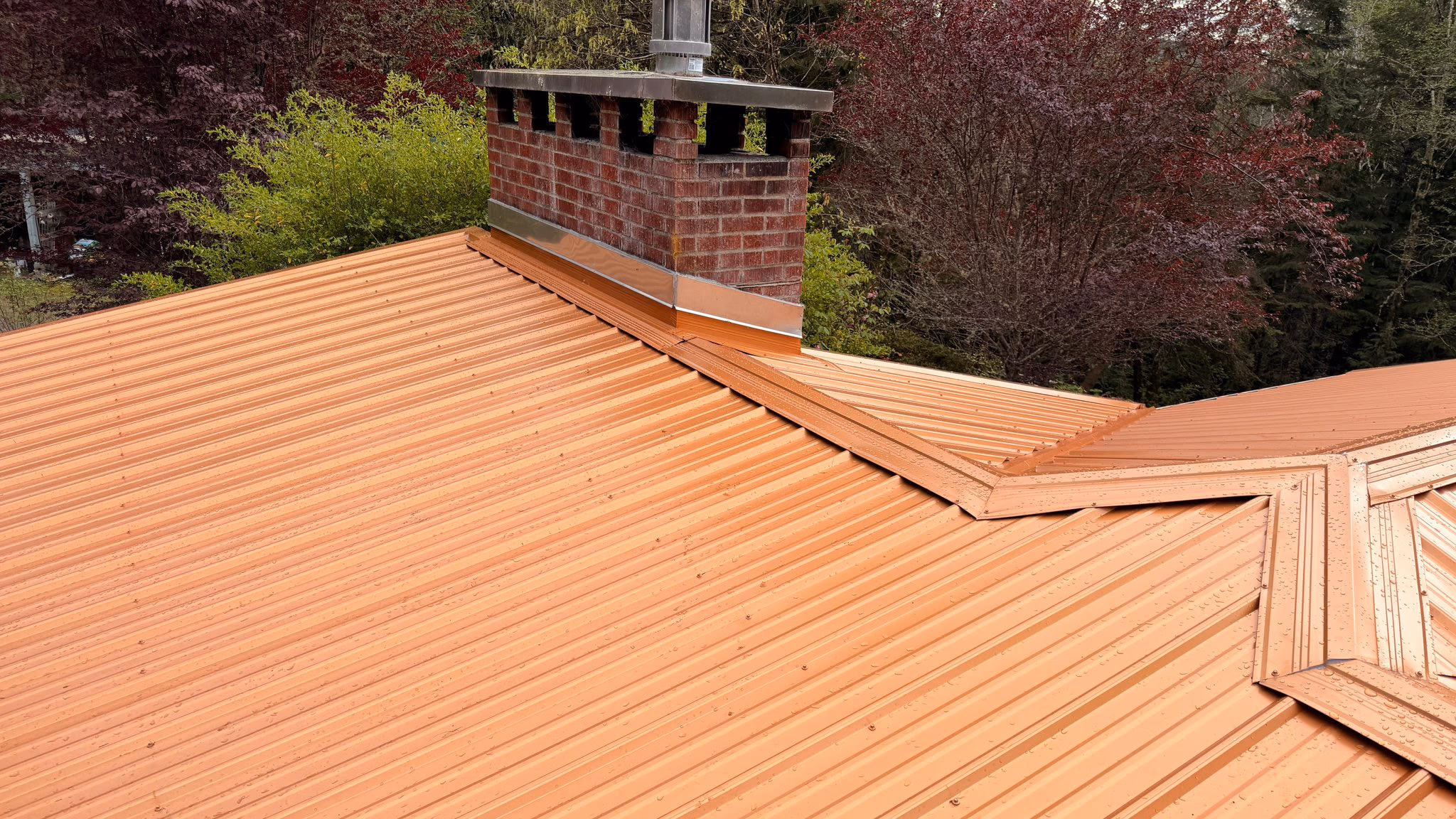 Rust-colored metal roof with a brick chimney and raindrops on the panels, surrounded by green and red trees.